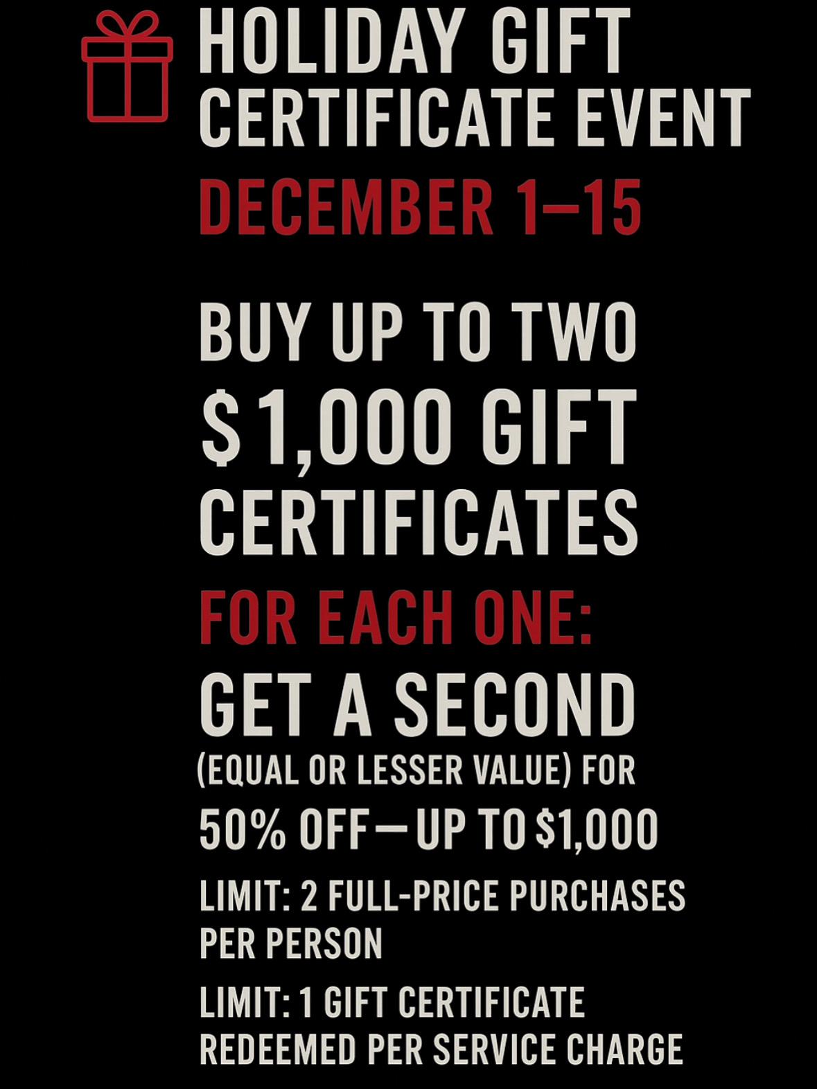Gift Certificate Buy One Get One Half Off