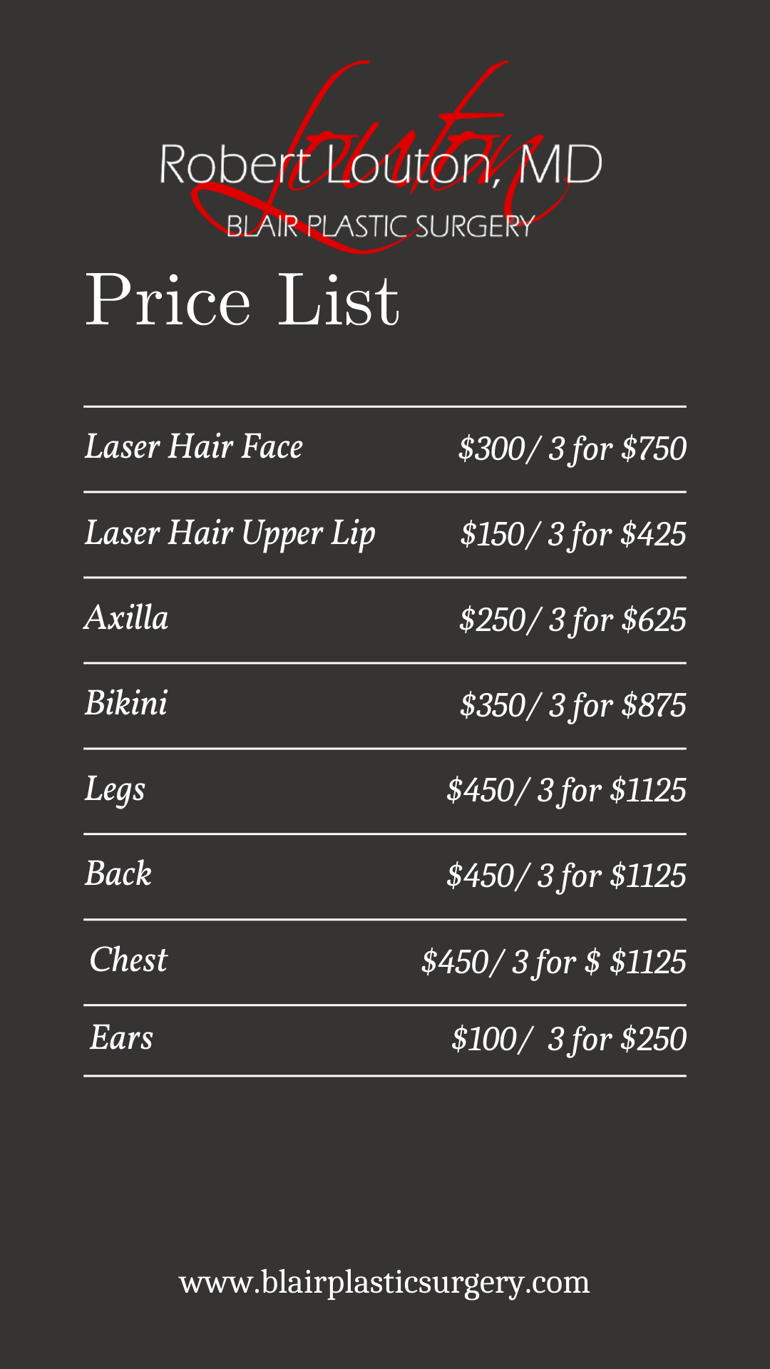 Laser Hair Price List